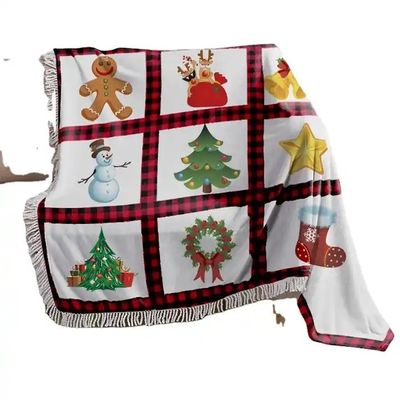 Couverture de Noël imprimée en polyester avec plaquette rouge et garniture de tassel