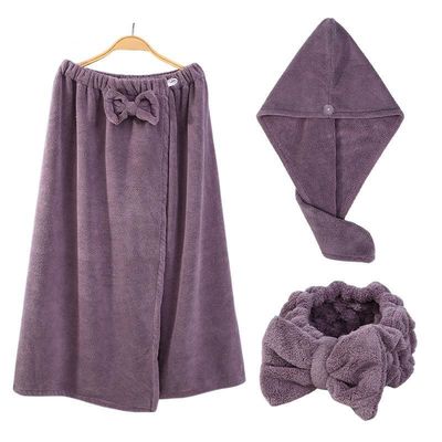 Améliorez votre salle de bain avec un ensemble de serviettes de bain en velours de corail, un soutien-gorge élargi, une jupe de bain, une bande de cheveux et une casquette pour cheveux secs