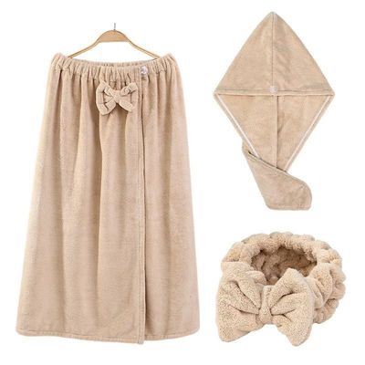 Améliorez votre salle de bain avec un ensemble de serviettes de bain en velours de corail, un soutien-gorge élargi, une jupe de bain, une bande de cheveux et une casquette pour cheveux secs