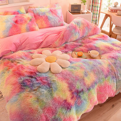 Accueil Hôtel Mariage Couleur arc-en-ciel faux fourrure velours pelucheux en peluche lit doux ensemble 4 pièces