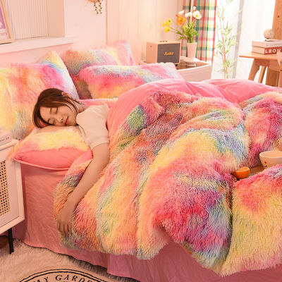 Accueil Hôtel Mariage Couleur arc-en-ciel faux fourrure velours pelucheux en peluche lit doux ensemble 4 pièces