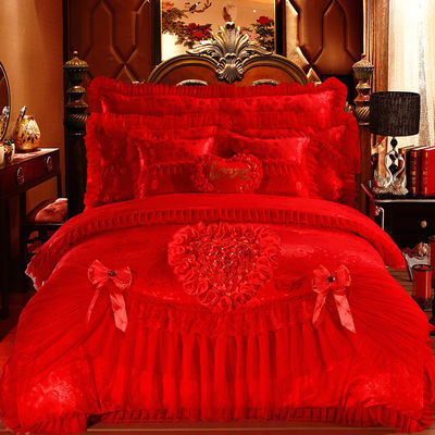 Hôtel mariage essentiel 100% coton velours dentelle lit ensemble avec des draps de jupe montés
