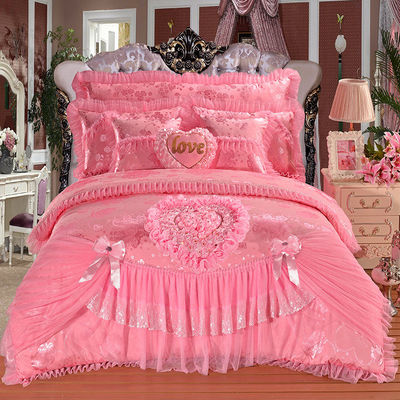 Hôtel mariage essentiel 100% coton velours dentelle lit ensemble avec des draps de jupe montés