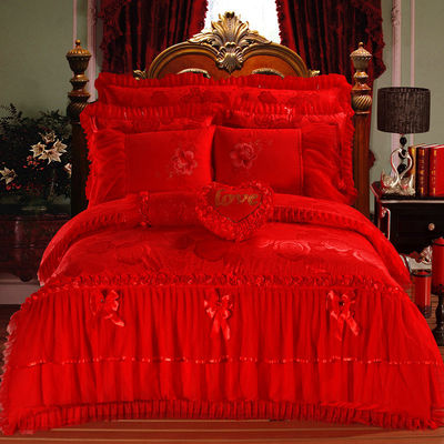 Hôtel mariage essentiel 100% coton velours dentelle lit ensemble avec des draps de jupe montés