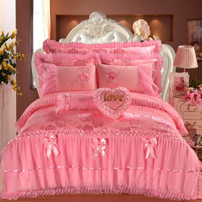 Hôtel mariage essentiel 100% coton velours dentelle lit ensemble avec des draps de jupe montés