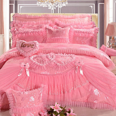 Hôtel mariage essentiel 100% coton velours dentelle lit ensemble avec des draps de jupe montés