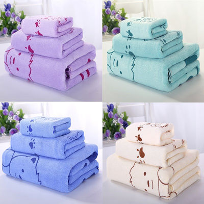 Accueil/Hôtel Coral Fleece Ensemble de serviettes douces en microfibre imprimé par ours Ensemble de serviettes de bain en trois pièces