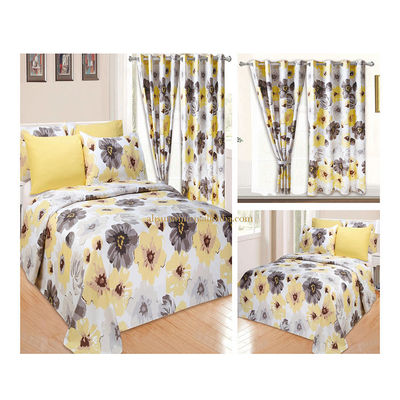 Accueil 100% Polyester Jaune Print Floral Lit ensemble avec 2 rideaux 8 pièces