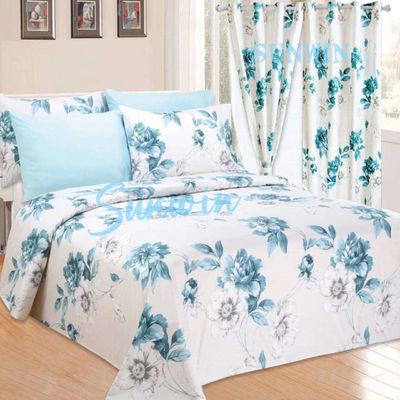Accueil 100% Polyester Jaune Print Floral Lit ensemble avec 2 rideaux 8 pièces
