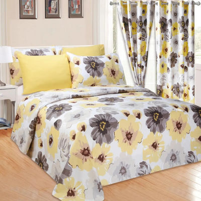 Accueil 100% Polyester Jaune Print Floral Lit ensemble avec 2 rideaux 8 pièces