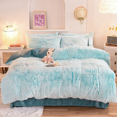 4 pièces Couleur solide Toutes les saisons Faux fourrure velours Fluffy Plush Lit doux Ensemble pour les filles