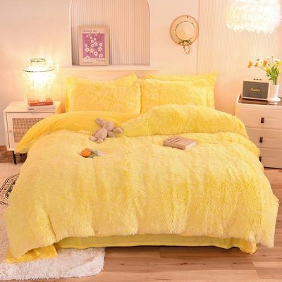 4 pièces Couleur solide Toutes les saisons Faux fourrure velours Fluffy Plush Lit doux Ensemble pour les filles