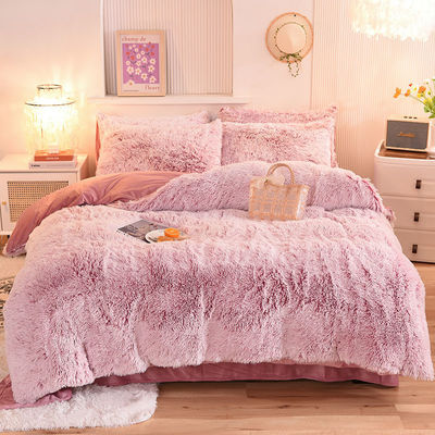 4 pièces Couleur solide Toutes les saisons Faux fourrure velours Fluffy Plush Lit doux Ensemble pour les filles