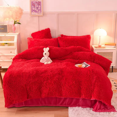 4 pièces de couverture de couette Queen Size avec jupe en satin et matériaux de lit en coton velours