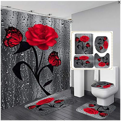 Fleur de rose personnalisée 100% polyester rideau de douche imperméable salle de bains 4 pièces