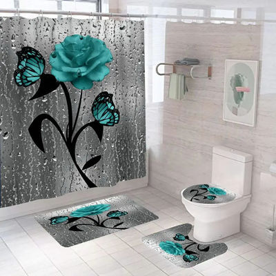 Fleur de rose personnalisée 100% polyester rideau de douche imperméable salle de bains 4 pièces