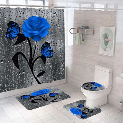 Fleur de rose personnalisée 100% polyester rideau de douche imperméable salle de bains 4 pièces