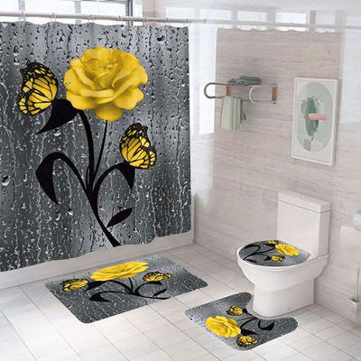 Fleur de rose personnalisée 100% polyester rideau de douche imperméable salle de bains 4 pièces