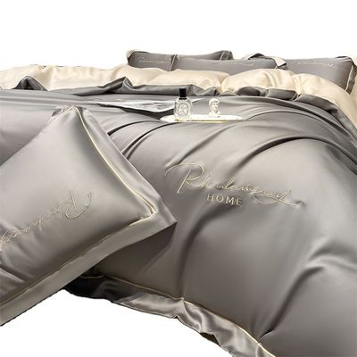 Couleur solide Lumière Luxe Broderie en soie lavée 4 pièces Lit ensemble avec feuille montée