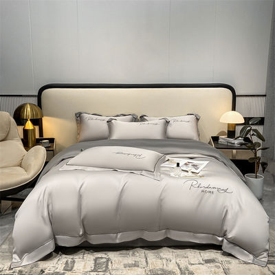 Couleur solide Lumière Luxe Broderie en soie lavée 4 pièces Lit ensemble avec feuille montée