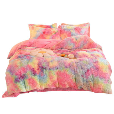 Couleur arc-en-ciel Faux fourrure velours Fluffy Plush Lit doux Ensemble 4 pièces Parfait pour la maison
