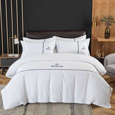 300TC Satin Blanc King Taille Hôtel Couette Couverture Plaque Plate Ensemble avec motif solide